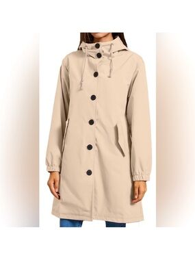 NOR Beige Hooded Water Resistant Funnel Neck Trench Coat with Black Buttons